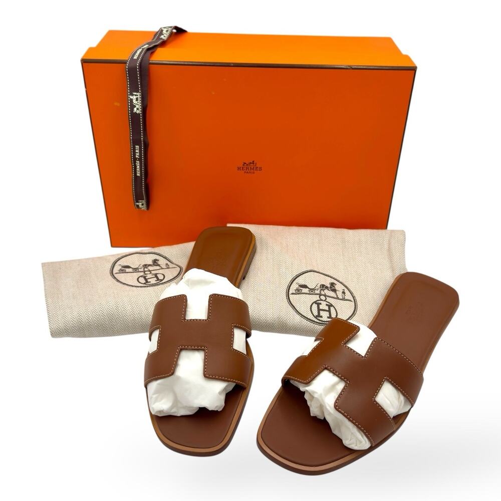Oran Sandals Gold Brown Calfskin 38 EU NIB New With Box Hermès